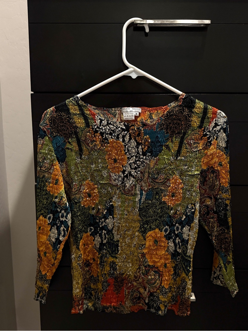 Alberto Makali Art To Wear Embellished Abstract Floral Scrunch Shirt M